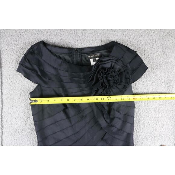 Tadashi Shoji Dress 12 Black Pleated Rosette Cap Sleeve Shutter Cocktail Formal - Picture 7 of 8